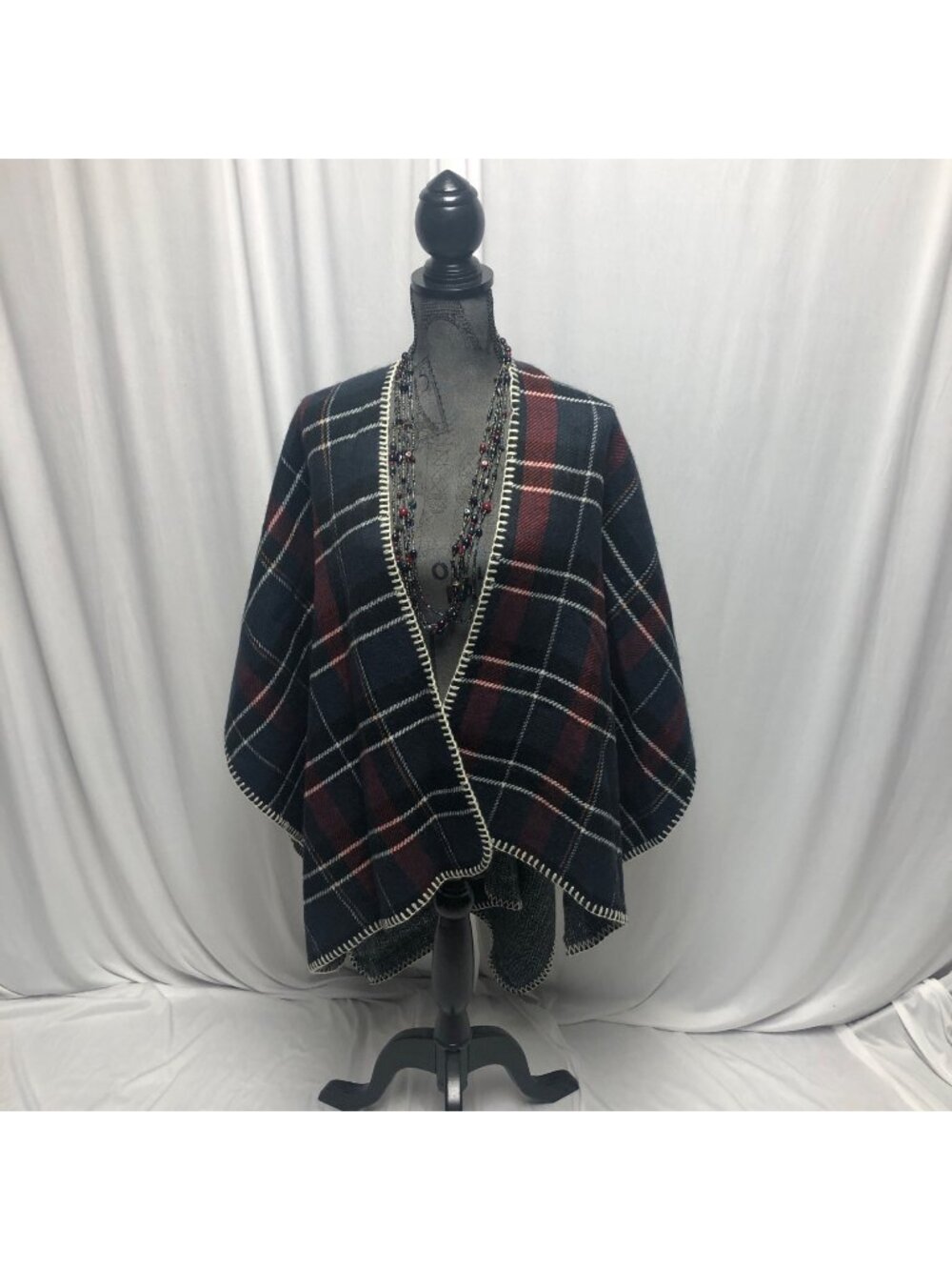 Reversible Shawl Womens One Size Red White Blue Plaid Black White Wrap Cape NEW